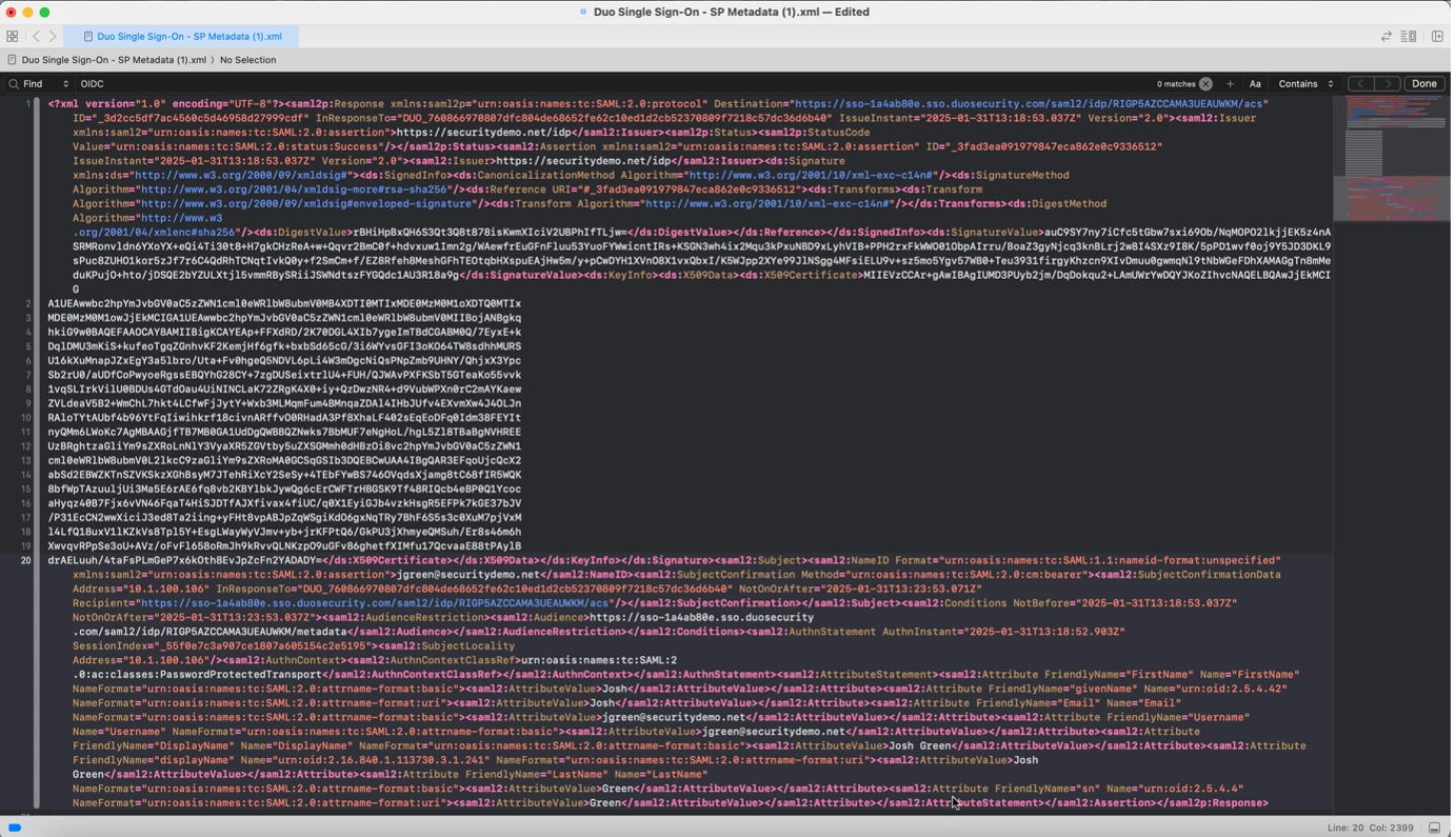 The SAML from base64decode copied into a proper XML editor