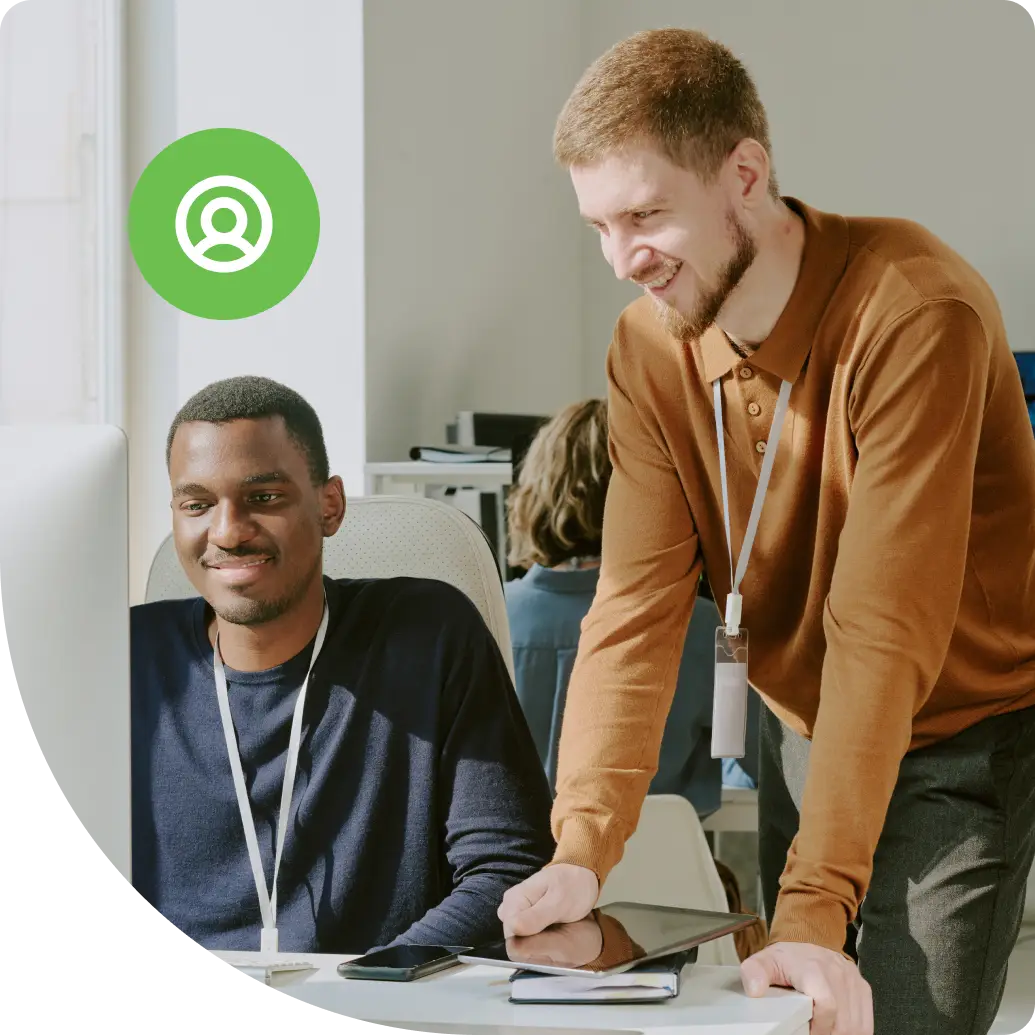 Pop-up notification 367 Authentications graphic in the corner of a photo of 2 male colleagues working together and collaborating